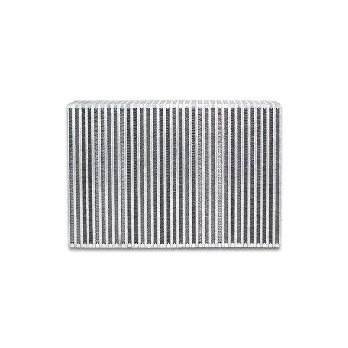 Silver aluminum bar and plate vertical flow intercooler core with louvered fins and 3.5 inch thickness.