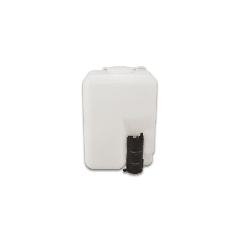 Vibrant Performance 1.2L universal windshield washer reservoir kit with integrated electric pump and mounting hardware.