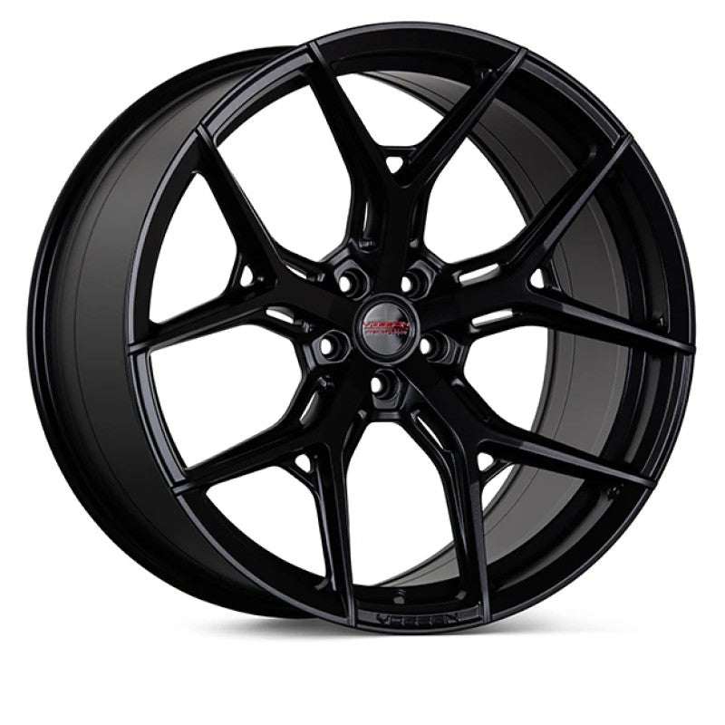 Vossen HF5 20x10 Satin Black Hybrid Forged wheel with a deep concave multi-spoke design.