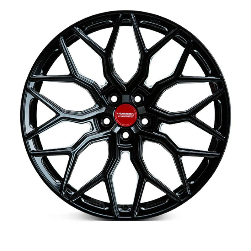 Vossen HF-2 Hybrid Forged mesh wheel in Gloss Black finish with Deep Face concave profile.