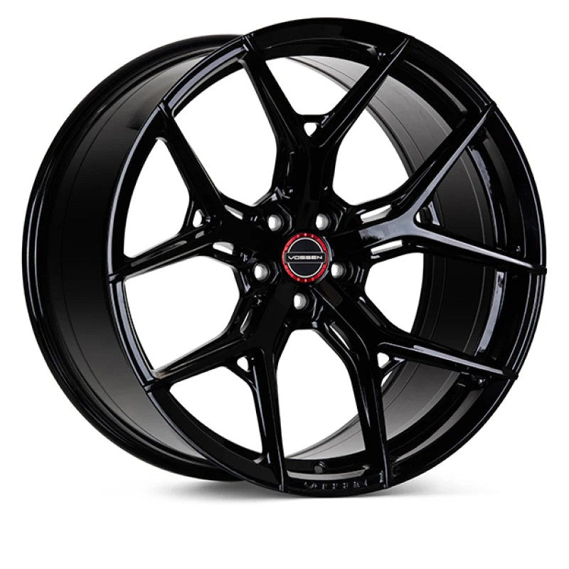 Vossen HF-5 Hybrid Forged wheel in Gloss Black with Deep Face concavity and split-spoke Y-design.