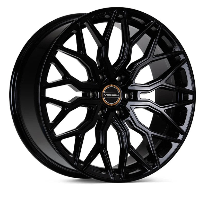 Vossen HF6-3 Hybrid Forged 6-spoke wheel in Gloss Black finish with a deep face concave profile.