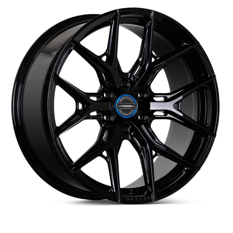 Gloss Black Vossen HF6-4 22x10 multi-spoke wheel with Super Deep Face concave profile for 6-lug trucks.