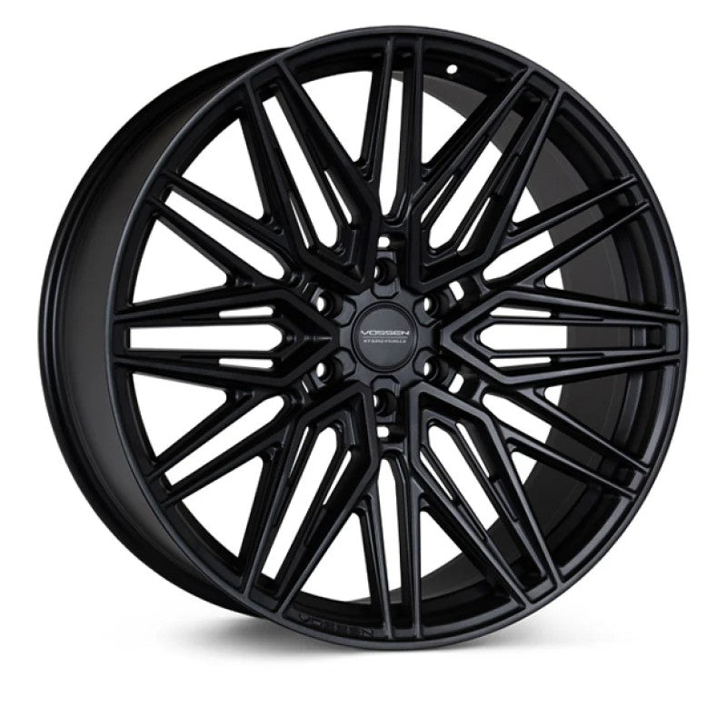 Satin Black Vossen HF6-5 Hybrid Forged wheel, 20x9.5 inch with a 6x139.7 bolt pattern and Deep Face concavity.