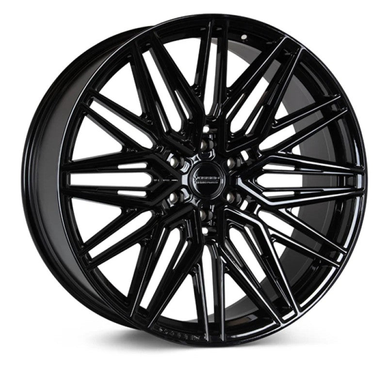 Vossen HF6-5 22x9.5 gloss black multi-spoke hybrid forged wheel with a deep face profile and 6x139.7 bolt pattern