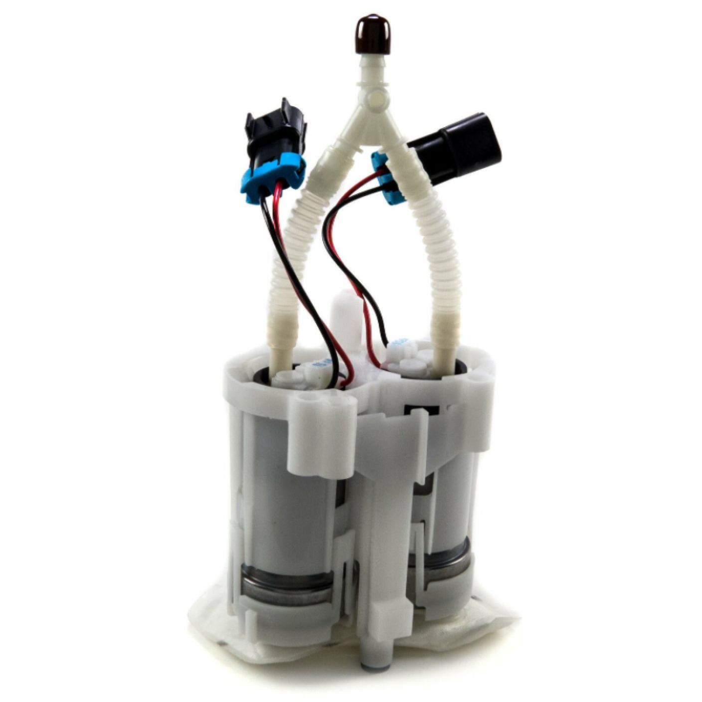 Walbro dual 450 LPH E85-compatible fuel pumps in a universal assembly with electrical harnesses.