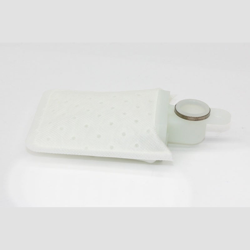White mesh Walbro fuel pump inlet filter sock strainer with center mounting port, part number 125-147.