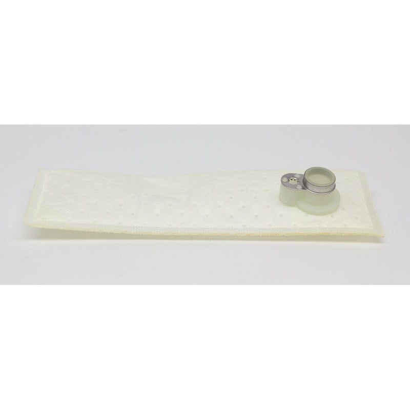 Walbro 125-165 white mesh fuel pump inlet filter sock with circular mounting connector.