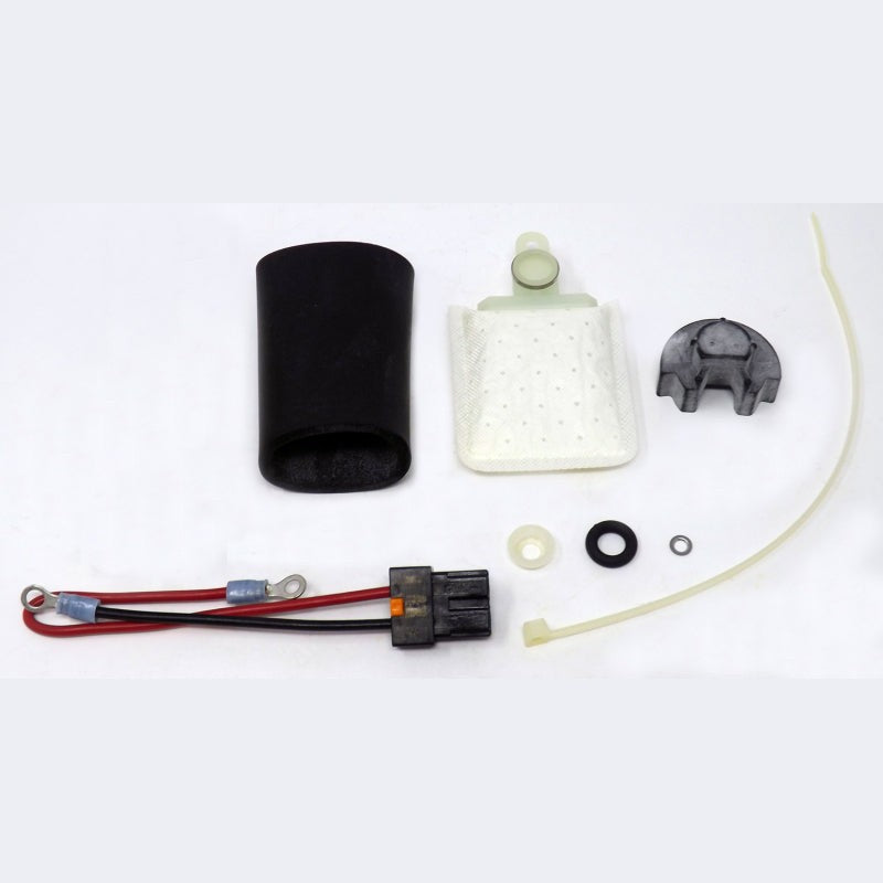 Walbro 400-857 fuel pump installation kit components including fuel strainer, electrical harness, and mounting hardware.