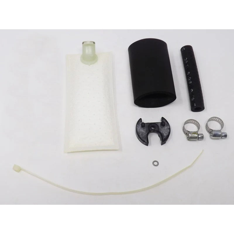 Walbro 400-848 fuel pump installation kit featuring fuel strainer, electrical harness, and mounting hardware.