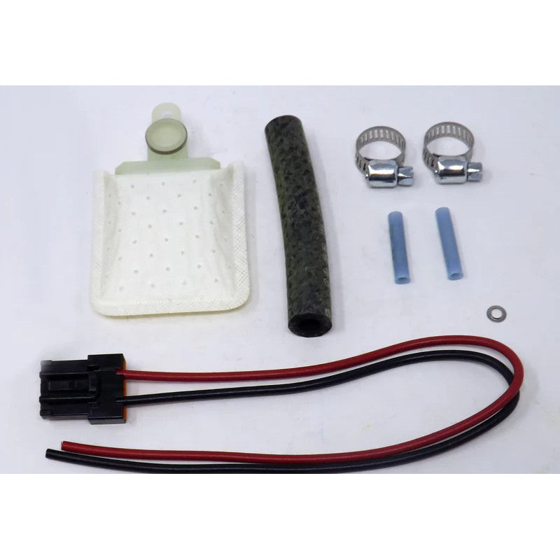 TI Automotive Walbro 400-765 fuel pump installation hardware kit featuring a fuel strainer, wiring, and hose connectors.