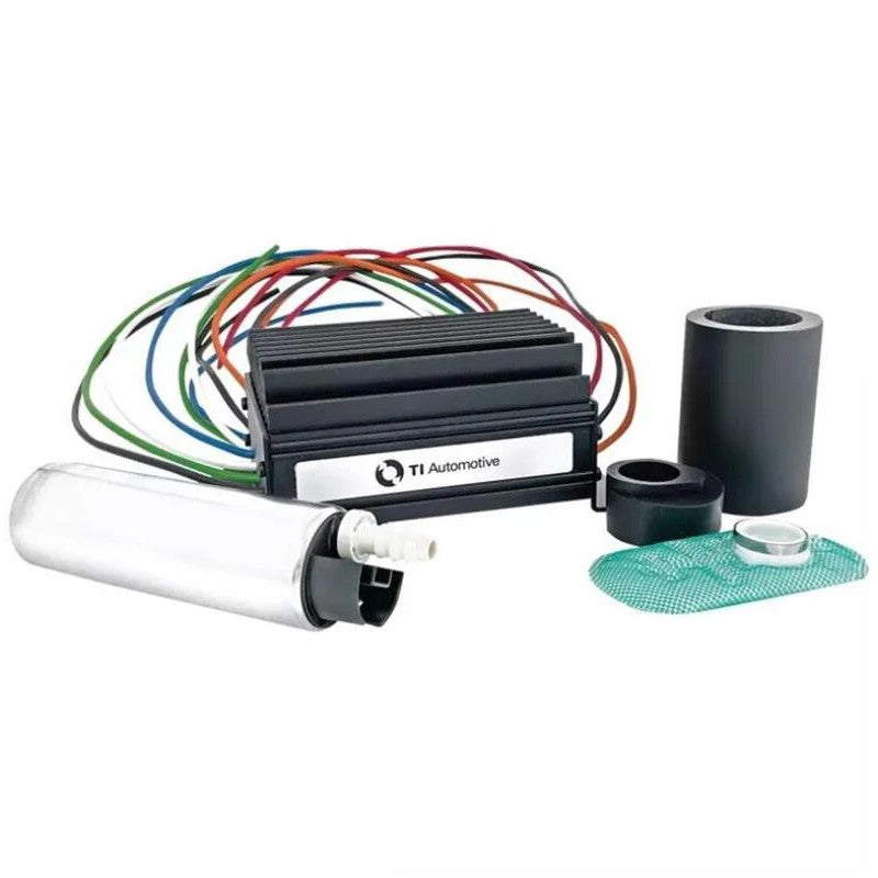 Walbro BKS1001-4 brushless in-tank fuel pump alongside its dedicated electronic controller and wiring harness.