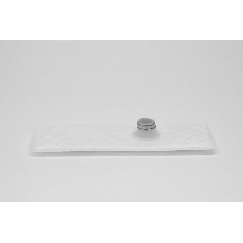 White mesh universal fuel pump inlet strainer sock with black plastic mounting collar