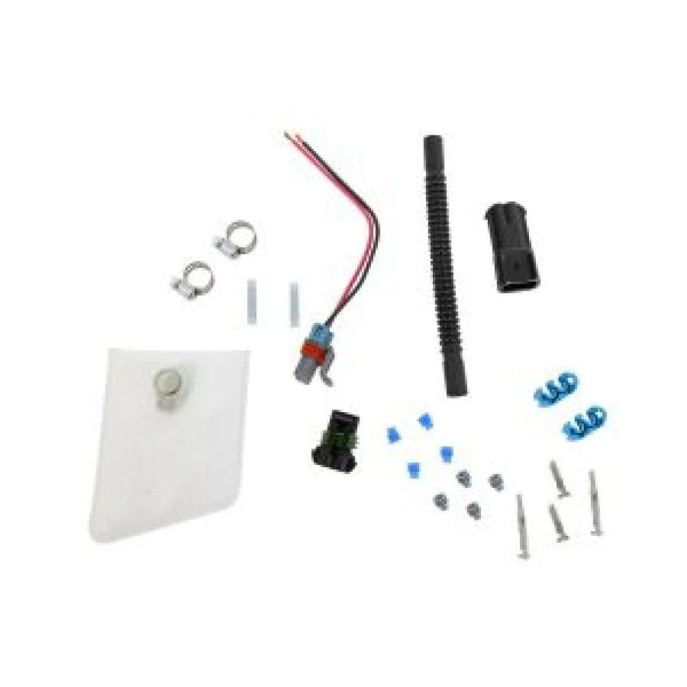 Walbro 400-1168 fuel pump installation kit including filter sock, wiring harness pigtail, hose, and clamps.