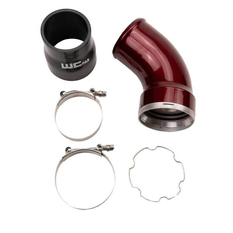 Gloss black Wehrli 3.5 inch aluminum intercooler outlet elbow with CNC flange, silicone boot, and T-bolt clamps.
