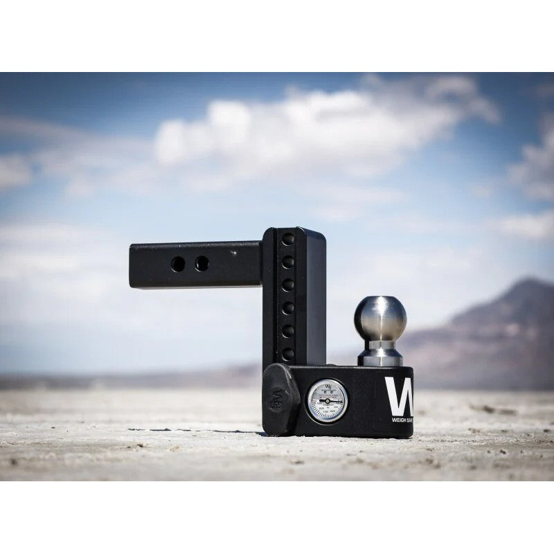 Weigh Safe 8-inch drop hitch with integrated tongue weight scale, 2.5-inch steel shank, and locking pin.