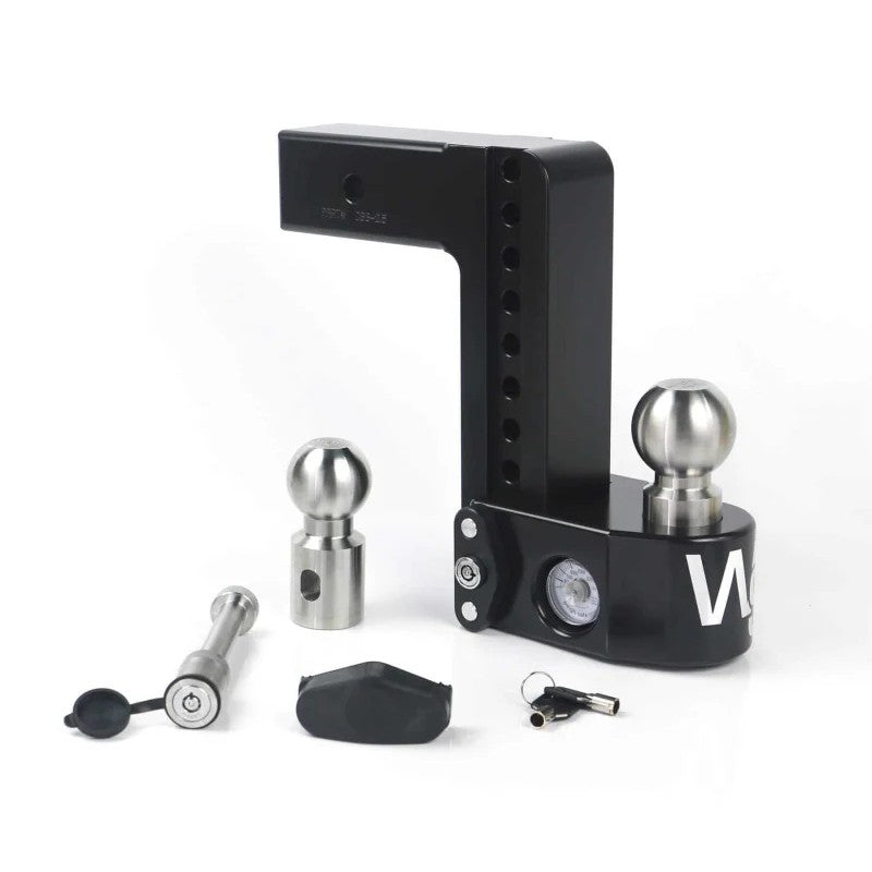 Black Cerakote Weigh Safe 8-inch drop hitch featuring a built-in tongue weight scale and 2.5-inch shank.