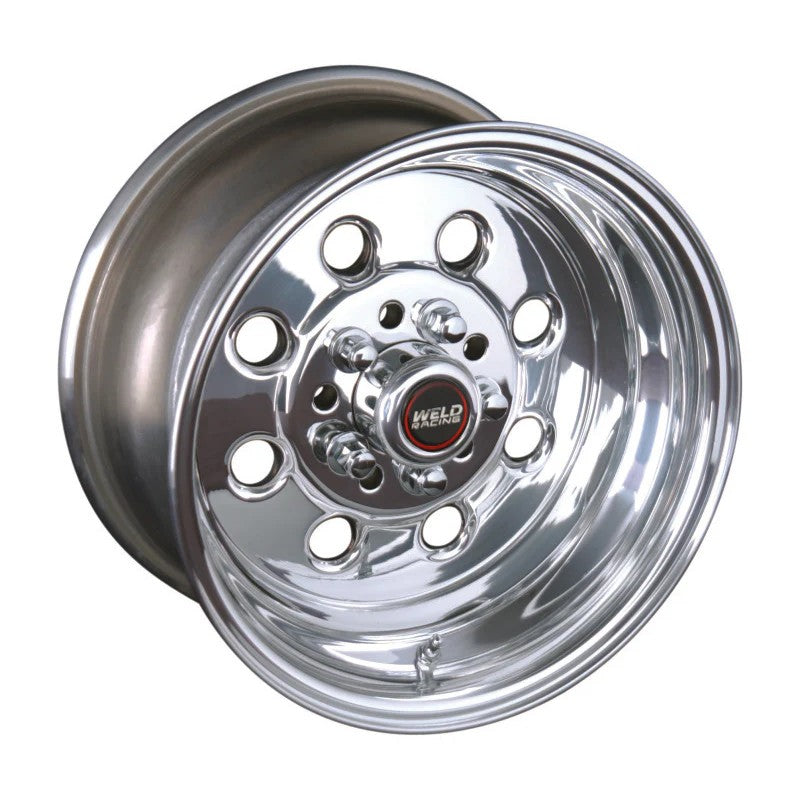 Polished Weld Draglite 15x3.5 aluminum 8-hole wheel with dual 5-lug bolt patterns and 1.375 inch backspacing.
