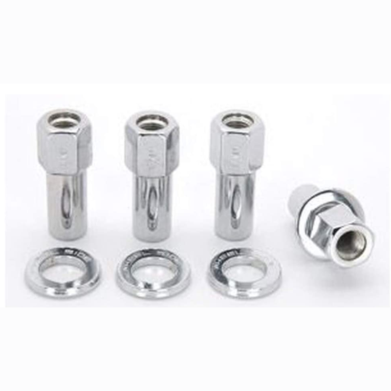Four Weld Racing 1/2-20 RH open end lug nuts with centered washers for racing wheel applications.