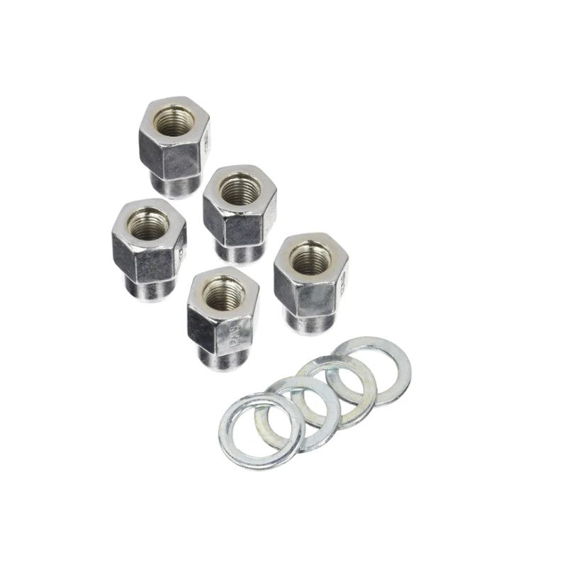 Set of five Weld open end lug nuts with centered washers and 1/2 inch RH threads