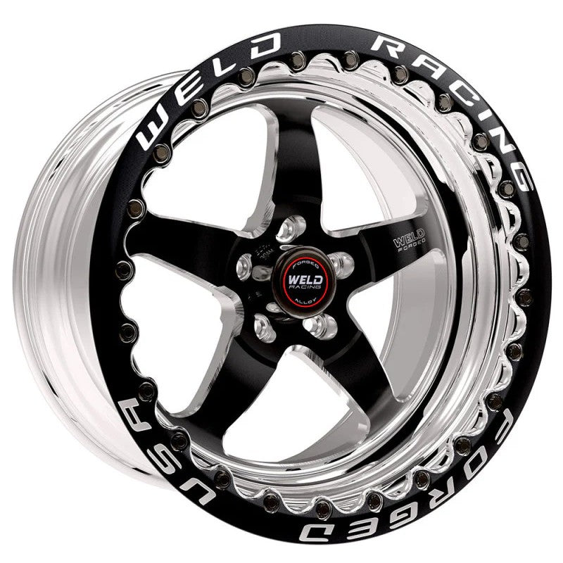 17x11 inch Weld S71 three-piece black wheel featuring a forged center and functional single beadlock ring.