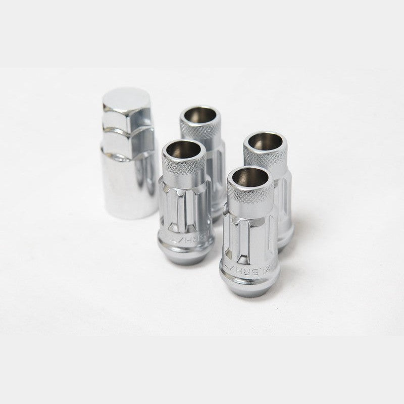 Set of four Satin Silver Muteki SR48 12x1.50 48mm open end locking lug nuts and security key.