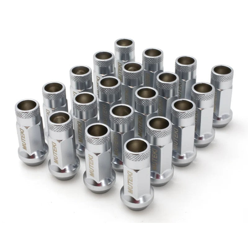 Muteki SR48 12x1.50 48mm open-end lug nuts in a satin silver finish.