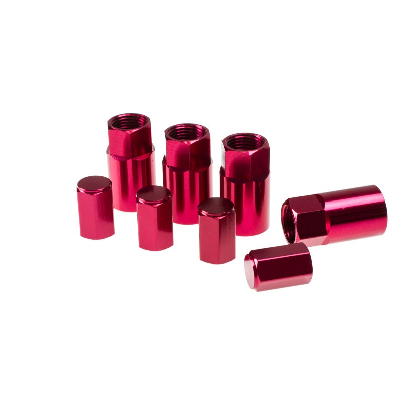 Red anodized aluminum valve stem cover for TPMS sensors featuring a knurled grip surface.