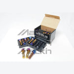Set of 20 black Wheel Mate Mevius lug bolts featuring M14x1.25 threads and 60-degree conical tapered seats.