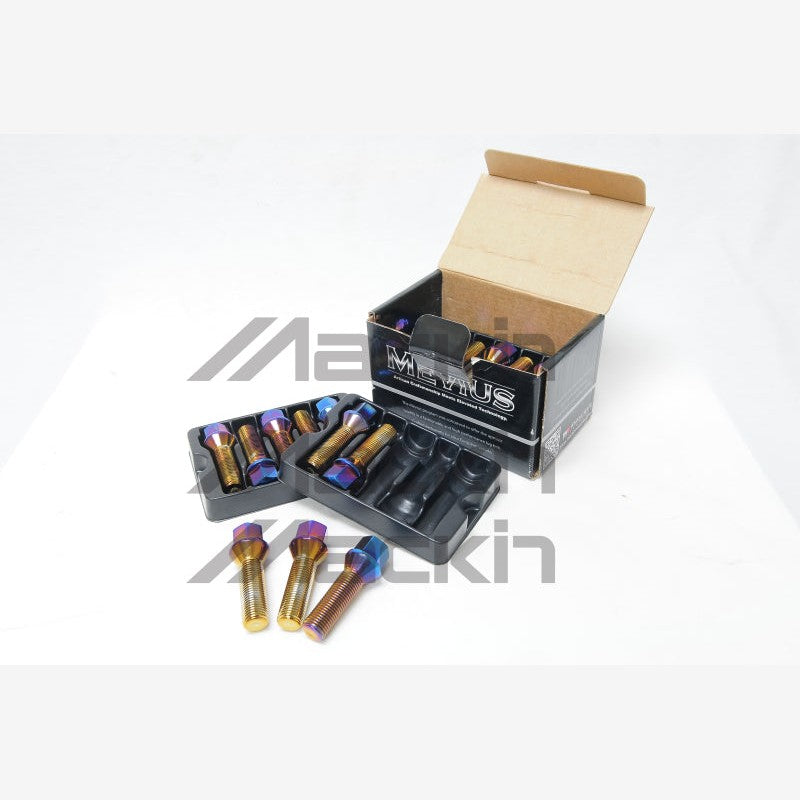 Twenty black Wheel Mate Mevius lug bolts featuring 14x1.50 thread and a 14mm radius ball seat.