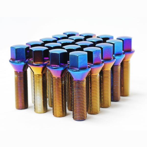 Set of 20 Wheel Mate Mevius black lug bolts featuring 14x1.50 threads, 27mm shank, and 60-degree taper seat.