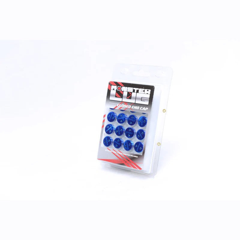 20-piece set of blue plastic Wheel Mate Monster Lug Caps for M14x1.50 lug nuts.