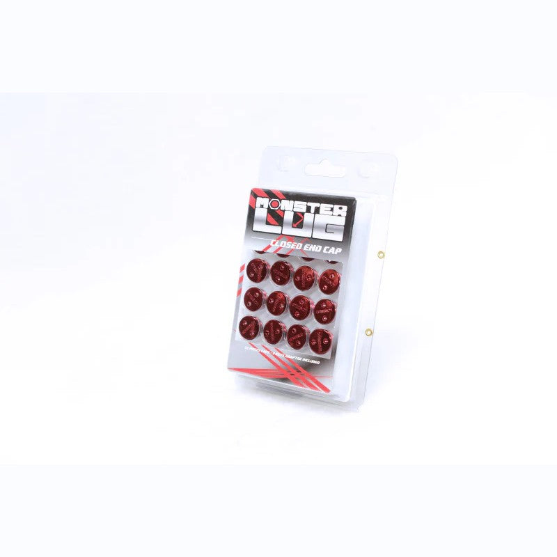 Set of red Wheel Mate Monster Lug Nut replacement caps for 14x1.50 thread pitch lug nuts.