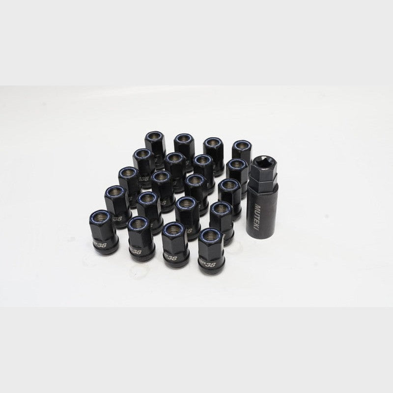 Muteki HR38 open end lug nuts in titanium chrome finish with blue accent rings and 12x1.25 thread pitch.