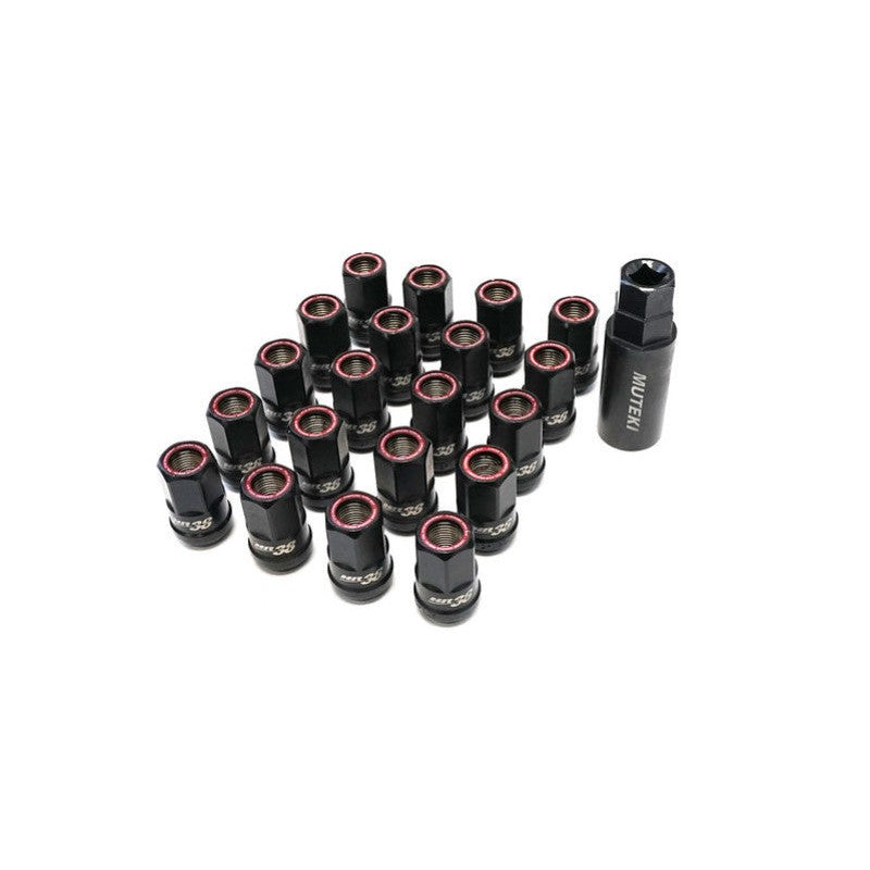 Wheel Mate Muteki HR38 open end lug nuts in titanium chrome finish with red rings and 12x1.50 thread pitch.