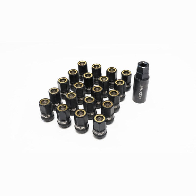 Wheel Mate Muteki HR38 open end lug nuts 12x1.50 in titanium chrome with yellow accent rings