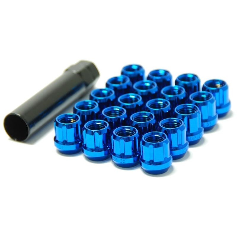 Blue Wheel Mate Muteki open end lug nuts with 12x1.25 thread pitch and oversized tapered seats.