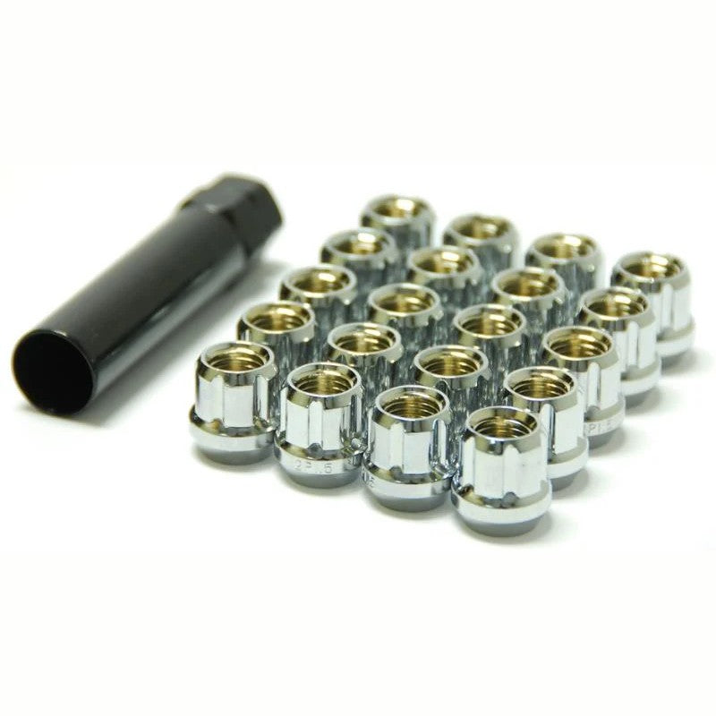 Chrome finished Wheel Mate Muteki open end lug nuts with 12x1.50 thread pitch.
