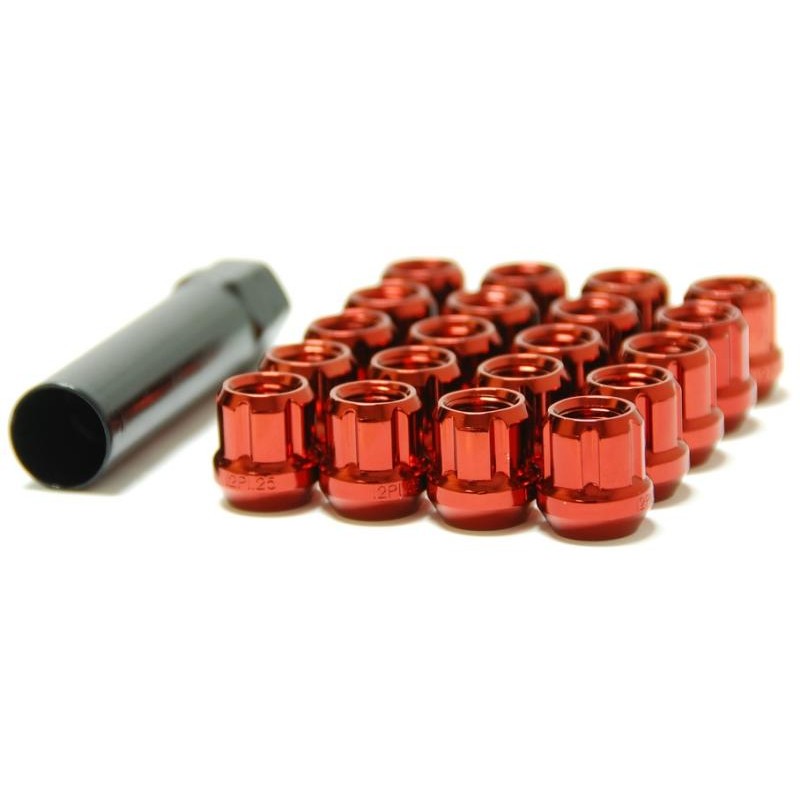 Set of Wheel Mate Muteki red open end lug nuts in 12x1.50 thread pitch.