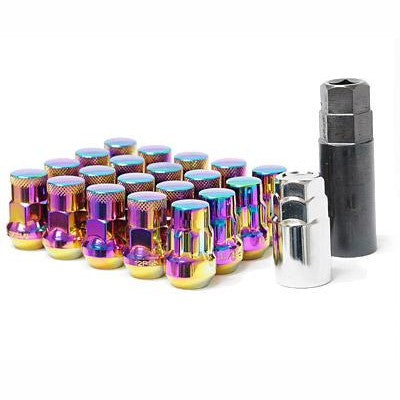 Neon finish Muteki SR35 closed end lug nuts and wheel locks set with installation key tool.