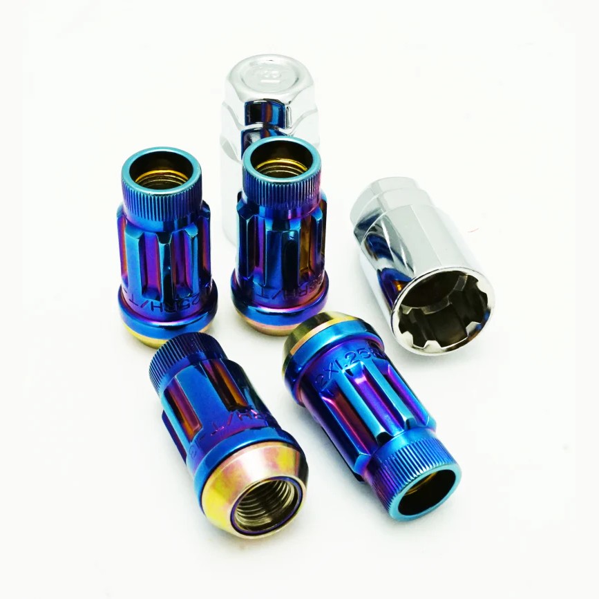 Burned Blue Neon Wheel Mate Muteki SR45R 12x1.25 45mm extended wheel locks and installation key.