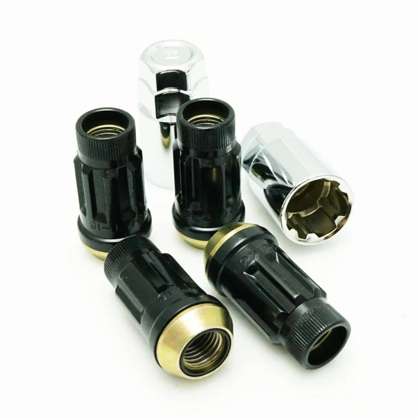 Four black Wheel Mate Muteki SR45R wheel locks with matching security key