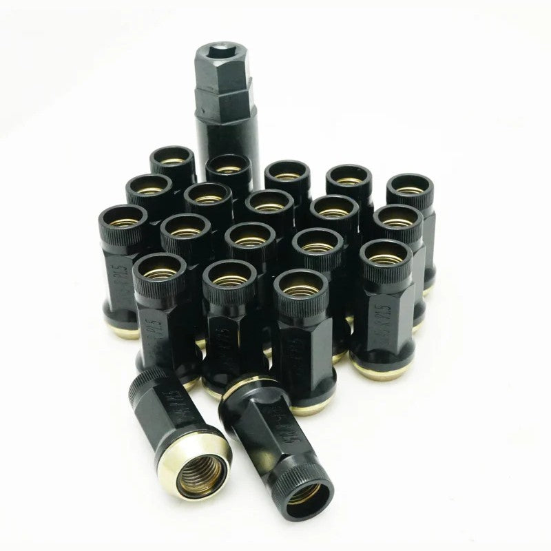 Set of black Wheel Mate Muteki SR45R performance lug nuts with 12x1.25 thread pitch