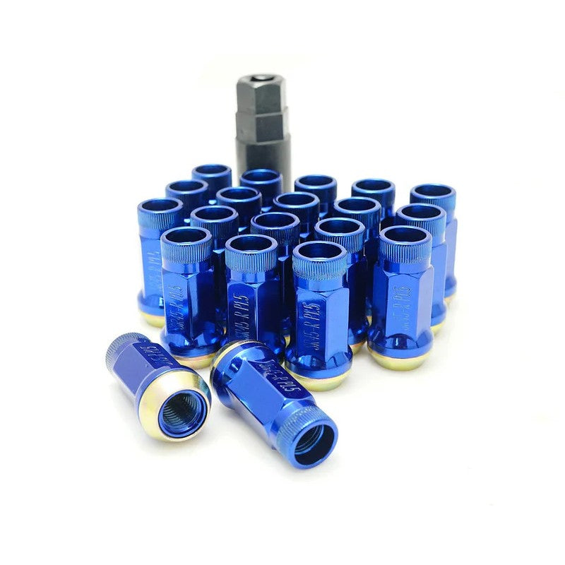 Blue Muteki SR45R 12x1.25 open-ended forged steel lug nuts with knurled ends and rotating taper seats.