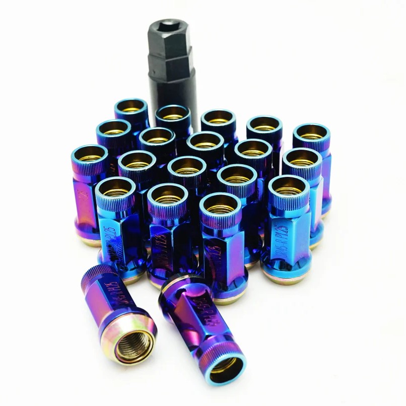 Burned Blue Wheel Mate Muteki SR45R lug nuts with 12x1.25 thread pitch and knurled ends