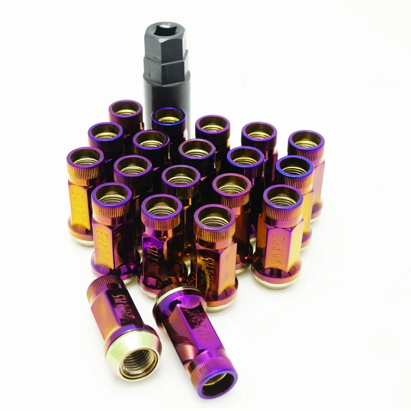 Burned Titan Wheel Mate Muteki SR45R 12x1.25 open-ended lug nuts with knurled ends and rotating taper seats.
