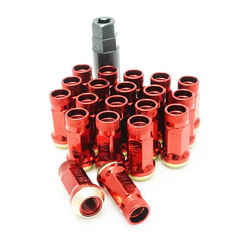 Set of four red Muteki SR45R 45mm open-ended locking lug nuts with knurled ends and 12x1.5 thread pitch.