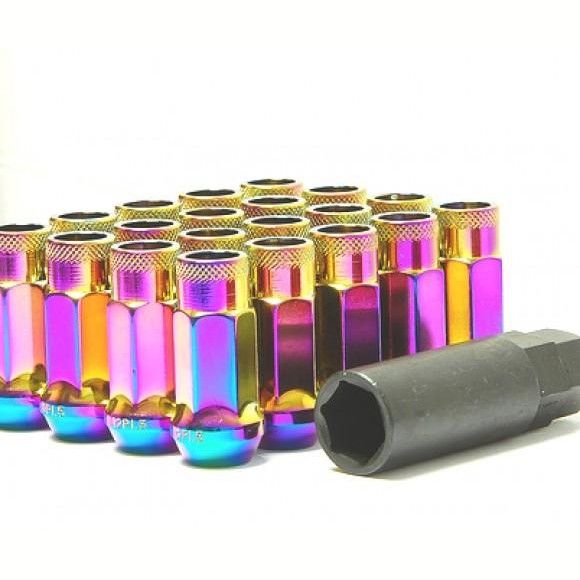 Four blue Wheel Mate Muteki SR48 open-end locking lug nuts in 12x1.25 thread pitch with 48mm length.