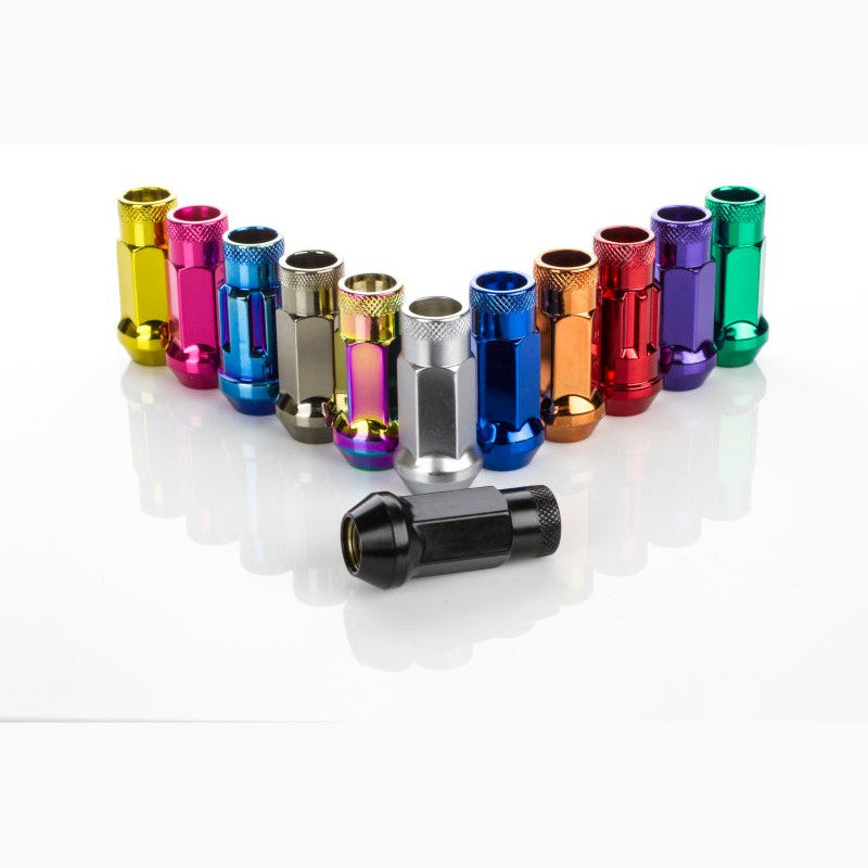 Green Wheel Mate Muteki SR48 open-end lug nuts showing 12x1.25mm threading and 48mm length