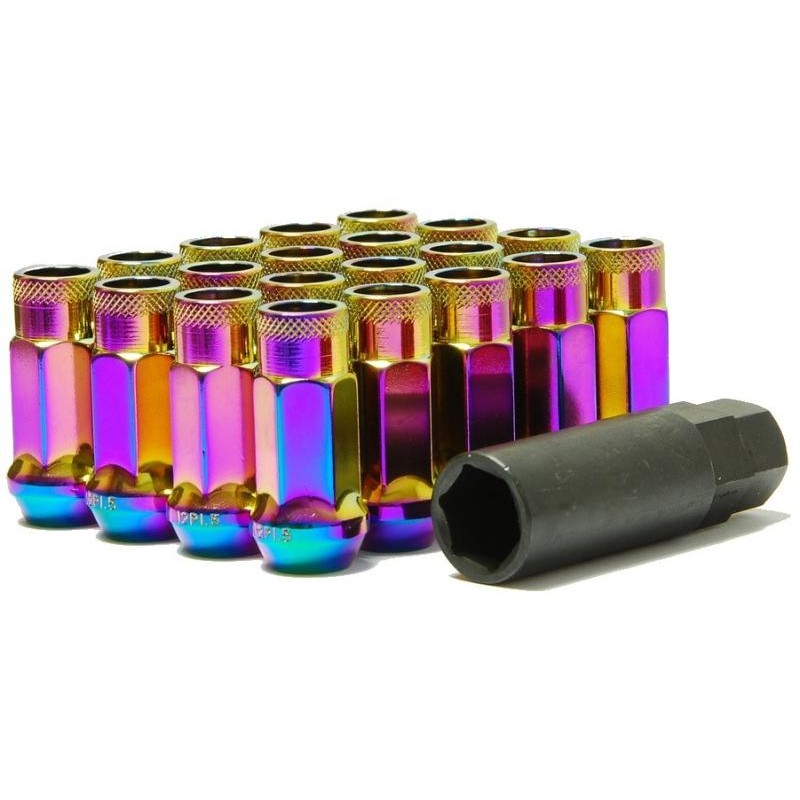 Neon finish Muteki SR48 open end lug nuts with knurled ends and 12x1.50 thread pitch.